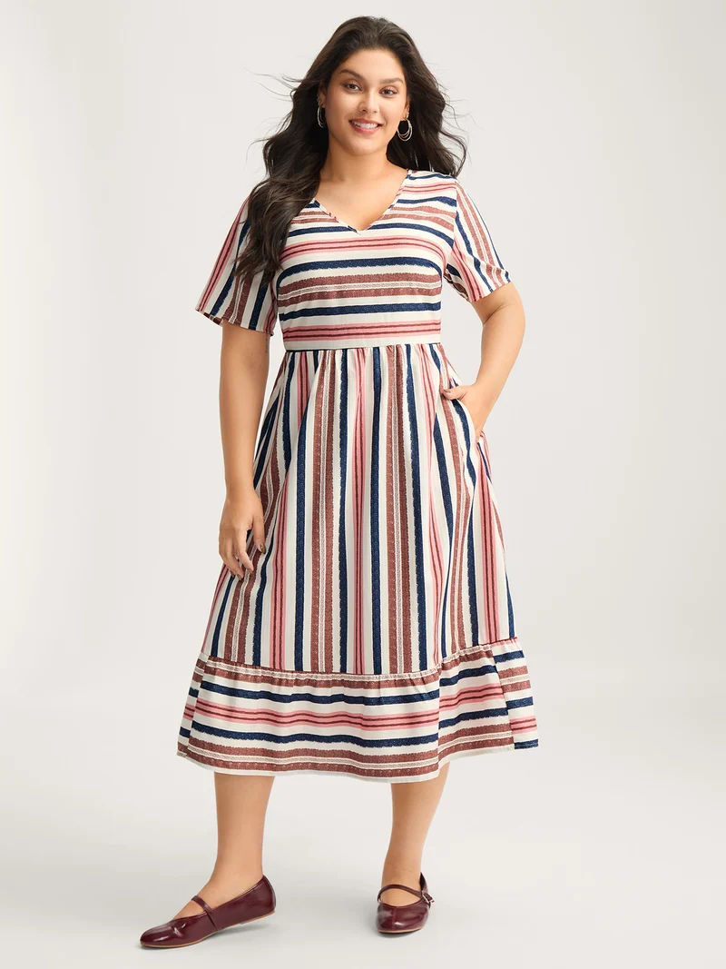 Asymmetrical Stripes V-Neck Tiered Midi Dress