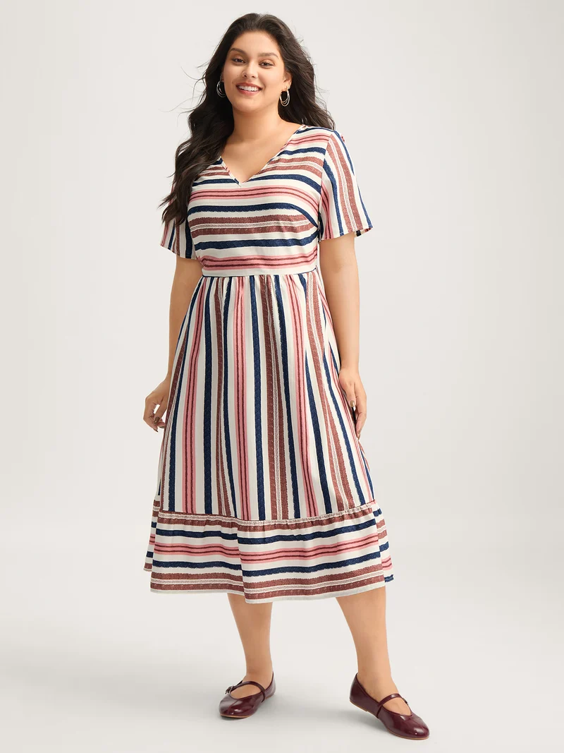 Asymmetrical Stripes V-Neck Tiered Midi Dress