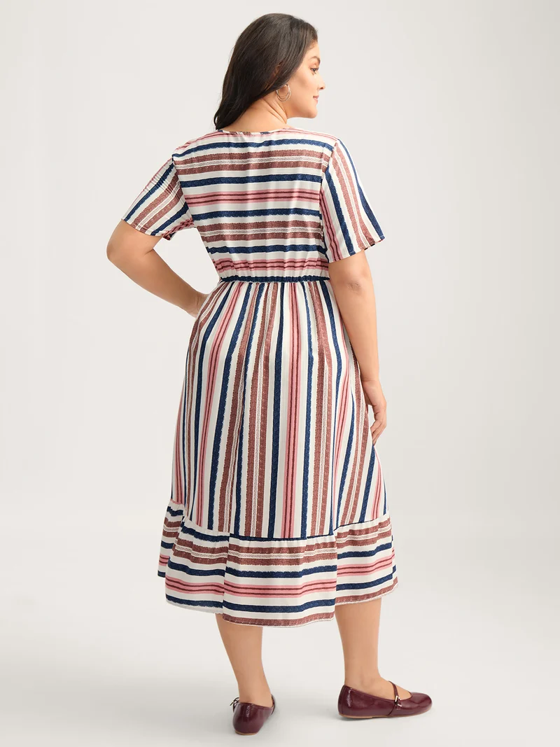 Asymmetrical Stripes V-Neck Tiered Midi Dress