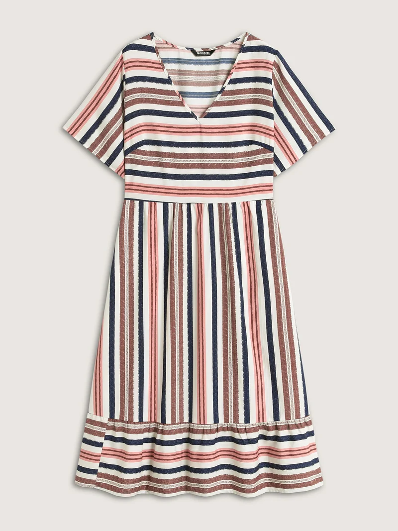Asymmetrical Stripes V-Neck Tiered Midi Dress