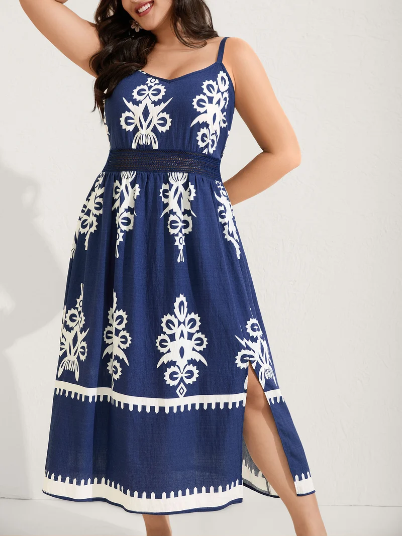Rayon Stretchy Waist Boho Slit Midi Dress