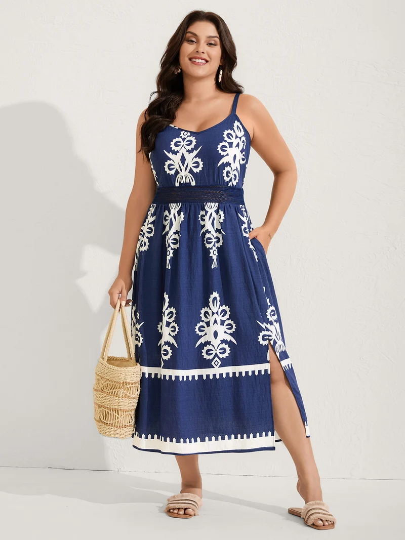 Rayon Stretchy Waist Boho Slit Midi Dress