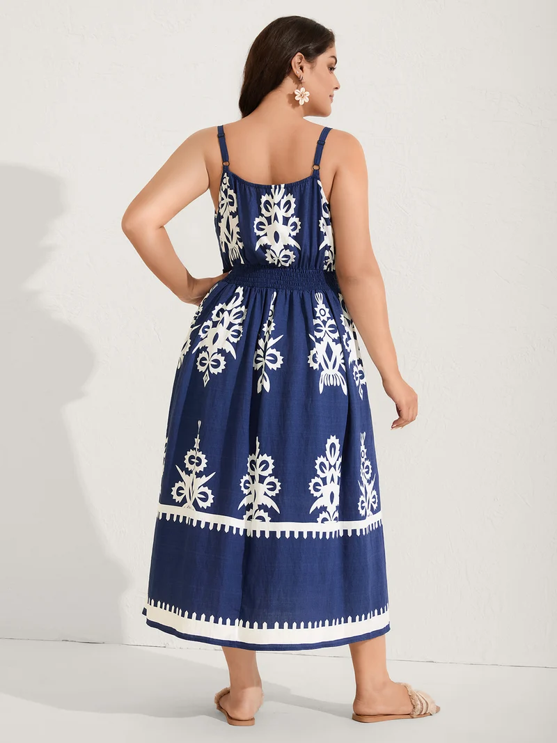 Rayon Stretchy Waist Boho Slit Midi Dress