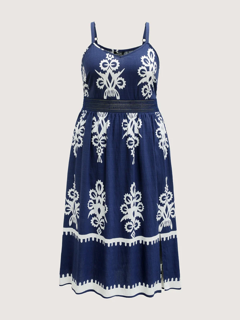 Rayon Stretchy Waist Boho Slit Midi Dress