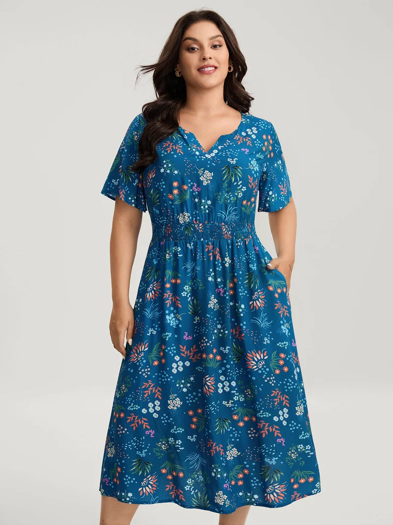 Rayon Playful Floral Shirred Midi Dress