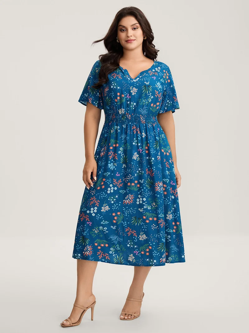 Rayon Playful Floral Shirred Midi Dress
