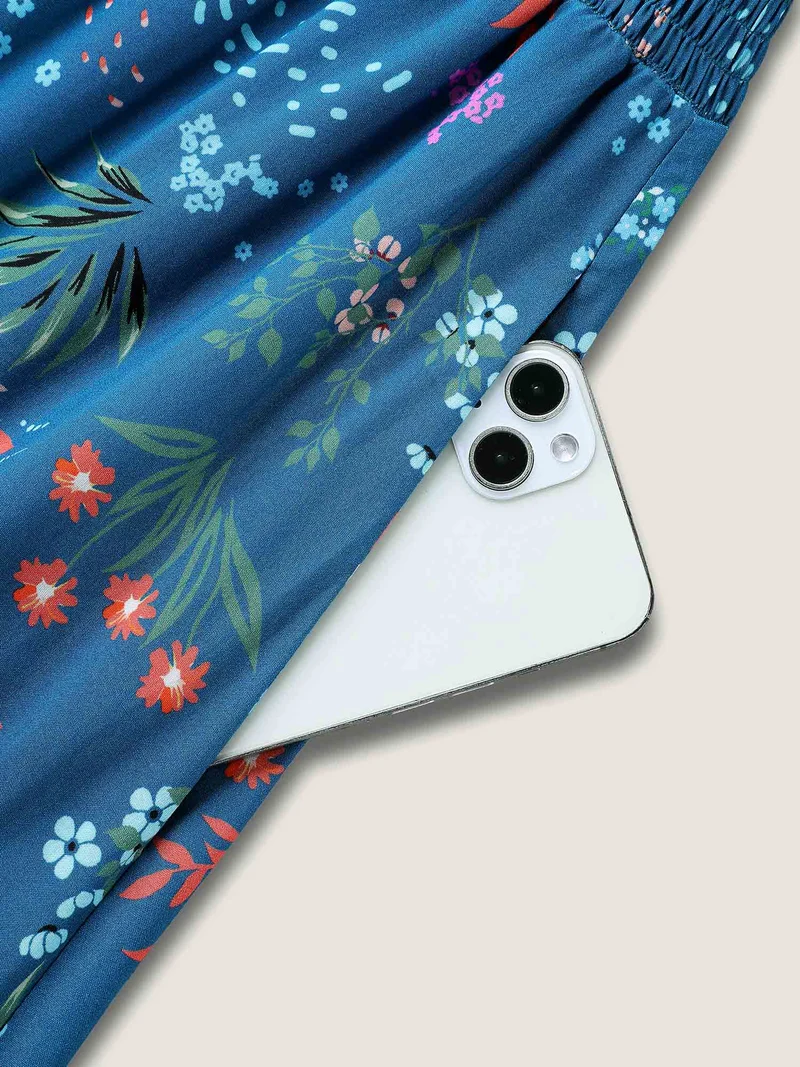 Rayon Playful Floral Shirred Midi Dress