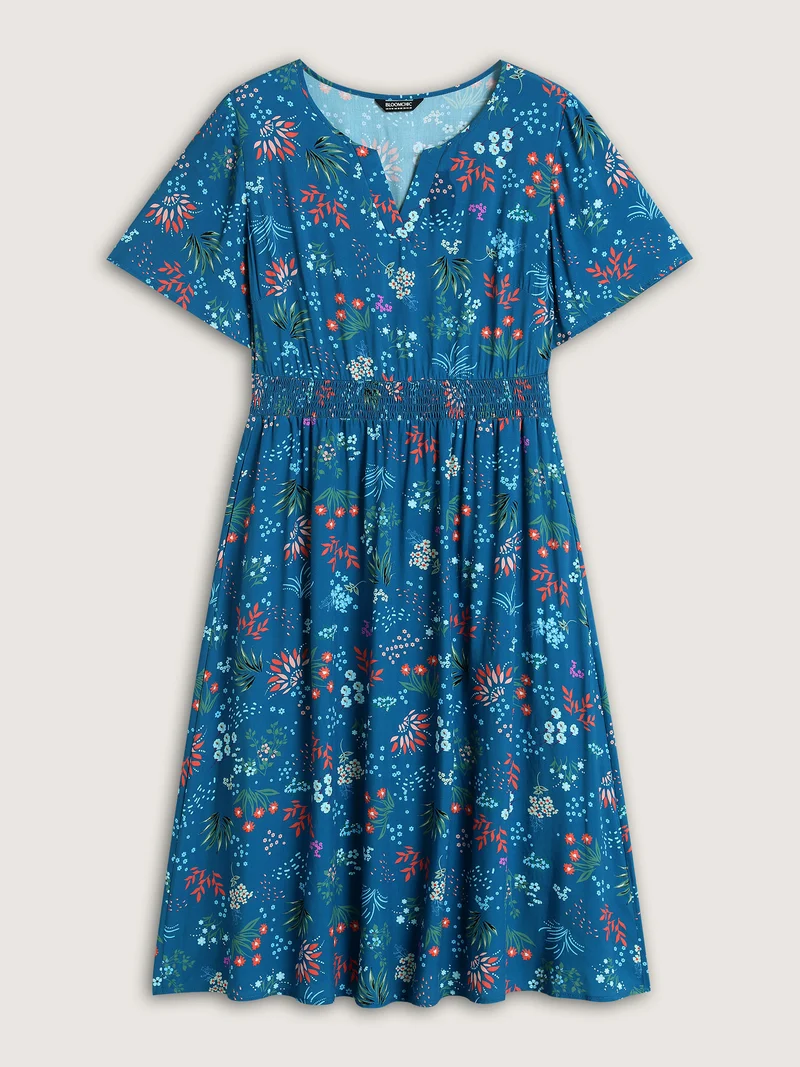 Rayon Playful Floral Shirred Midi Dress