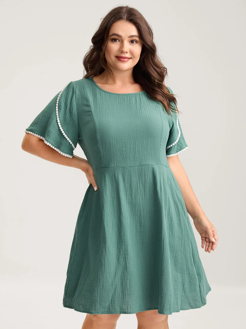 Pure Cotton Textured Lace Trim Midi Dress