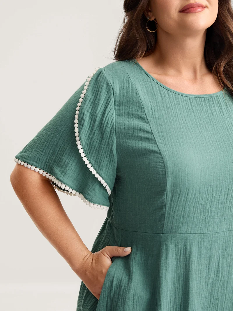 Pure Cotton Textured Lace Trim Midi Dress