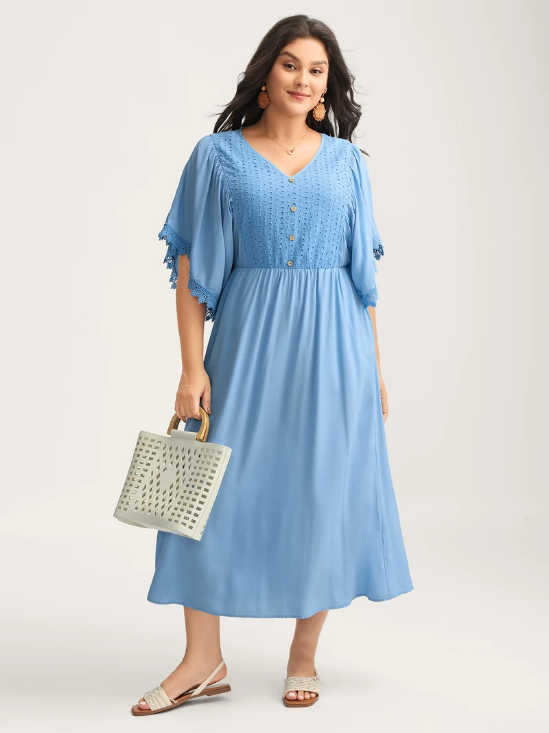 Eyelet Trim Stretchy Flowy Sleeve Midi Dress