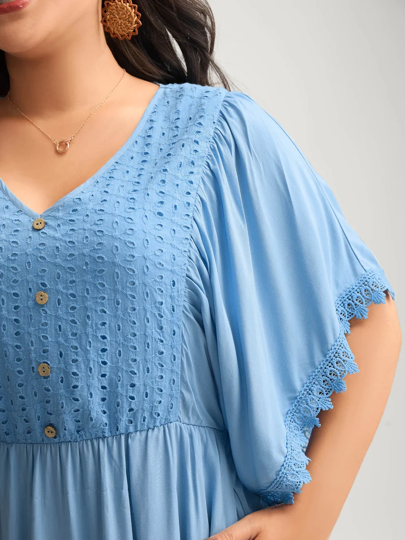 Eyelet Trim Stretchy Flowy Sleeve Midi Dress