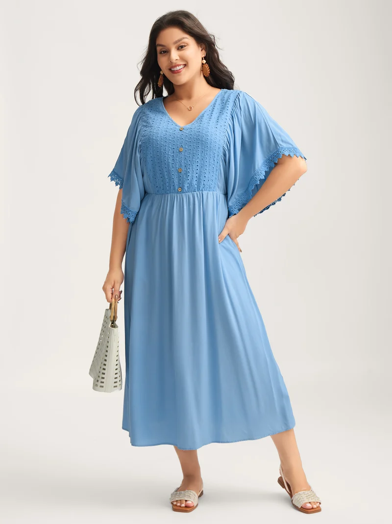 Eyelet Trim Stretchy Flowy Sleeve Midi Dress