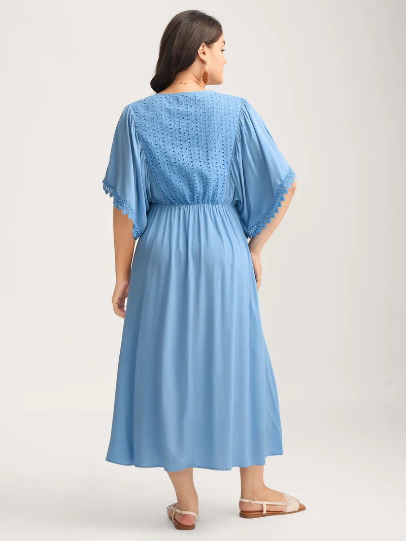 Eyelet Trim Stretchy Flowy Sleeve Midi Dress