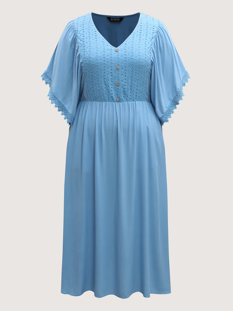 Eyelet Trim Stretchy Flowy Sleeve Midi Dress