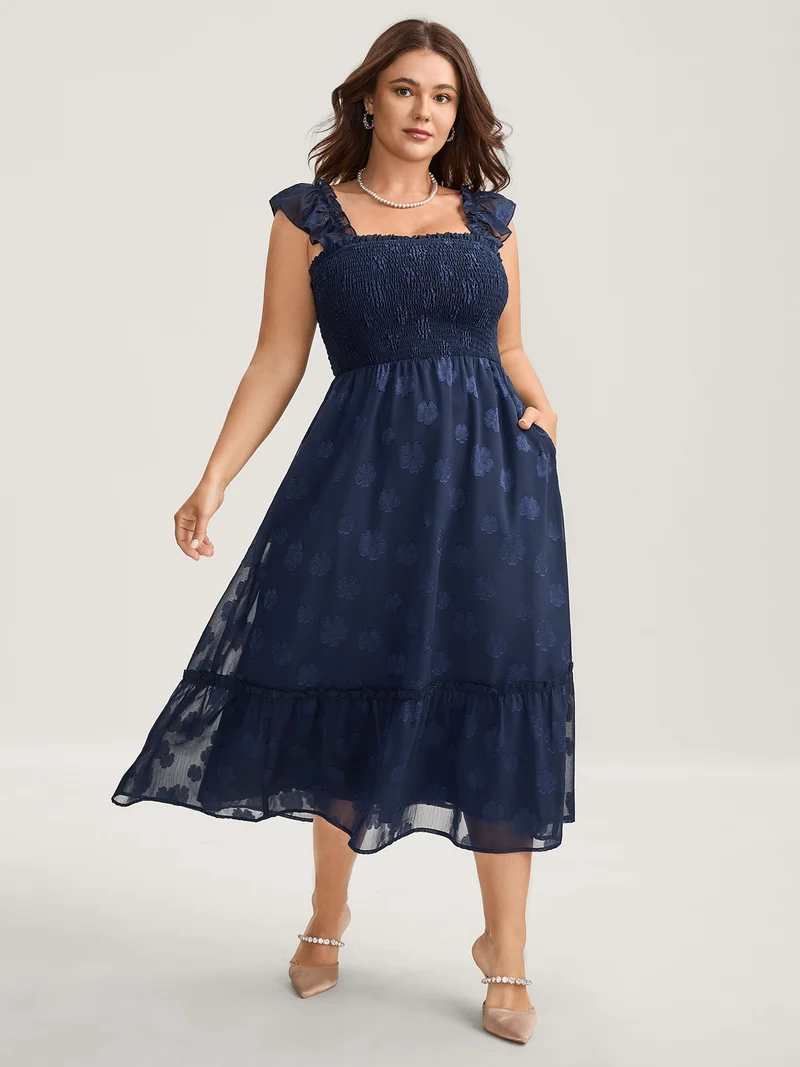 Jacquard Shirred Bodice Ruffled Midi Dress
