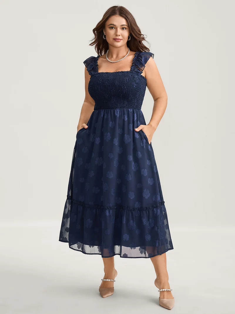 Jacquard Shirred Bodice Ruffled Midi Dress