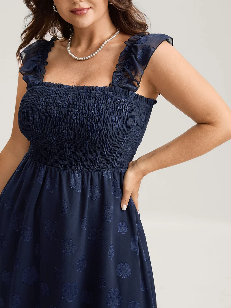 Jacquard Shirred Bodice Ruffled Midi Dress