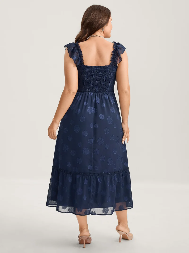 Jacquard Shirred Bodice Ruffled Midi Dress