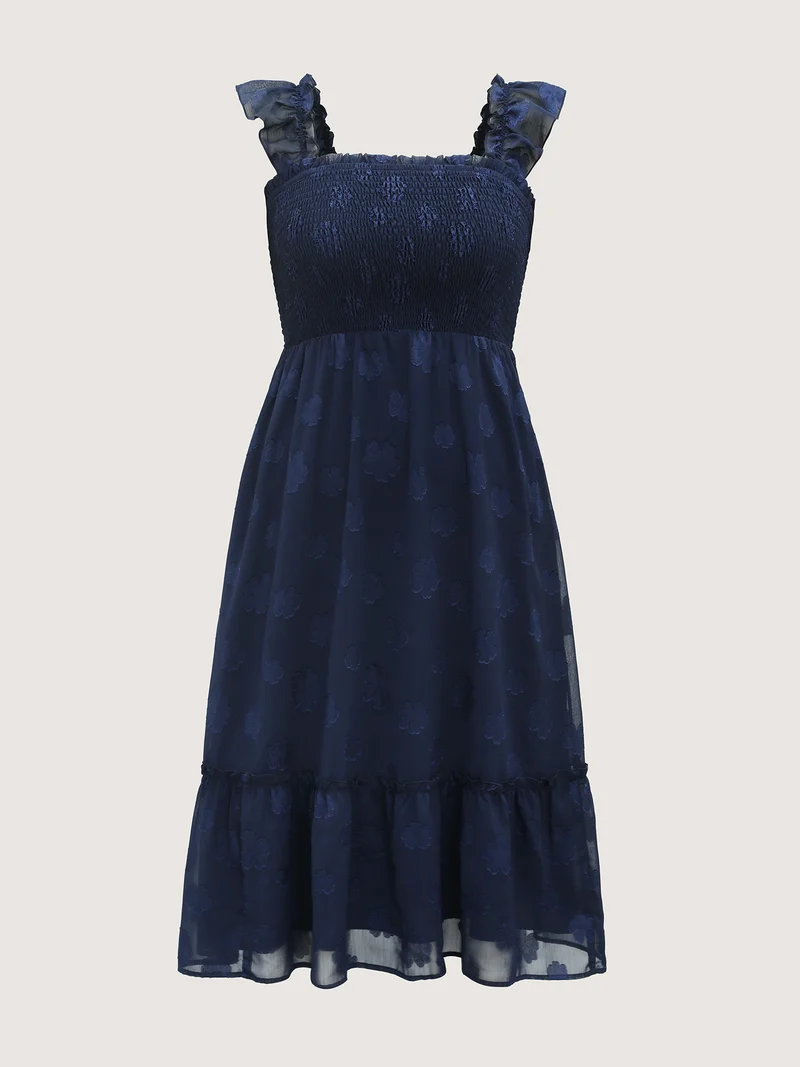 Jacquard Shirred Bodice Ruffled Midi Dress