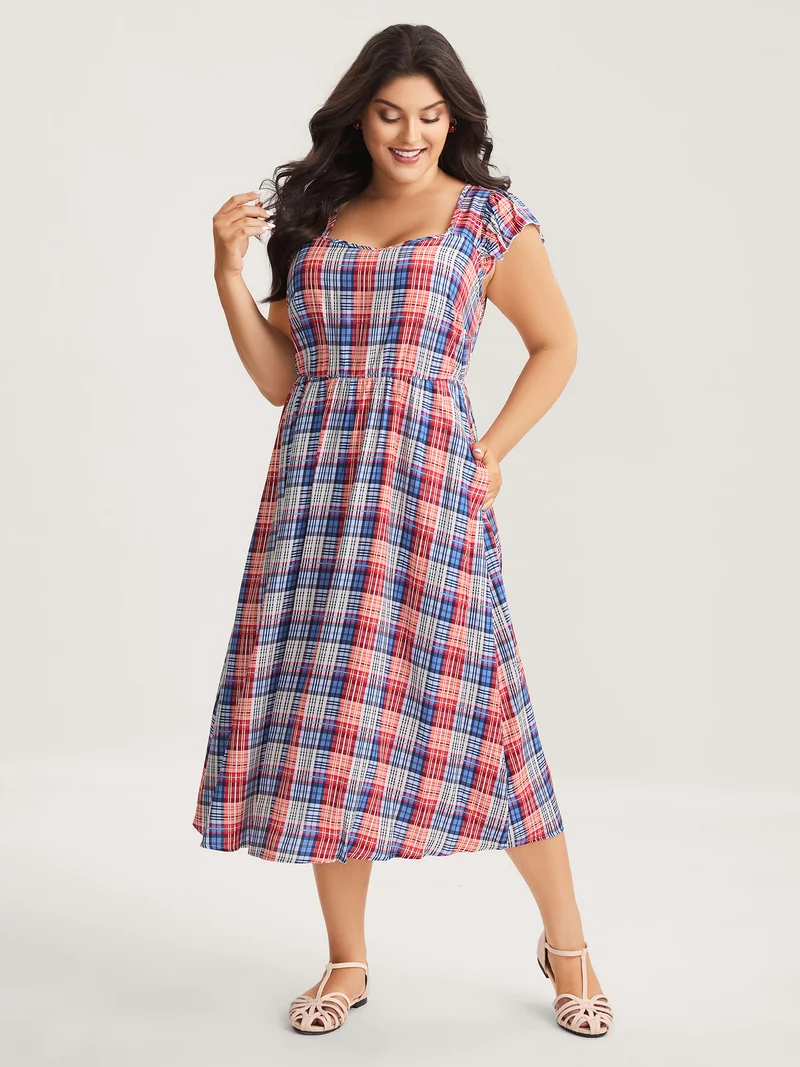 Plaid Print Flutter Sleeve Pockets Midi Dress