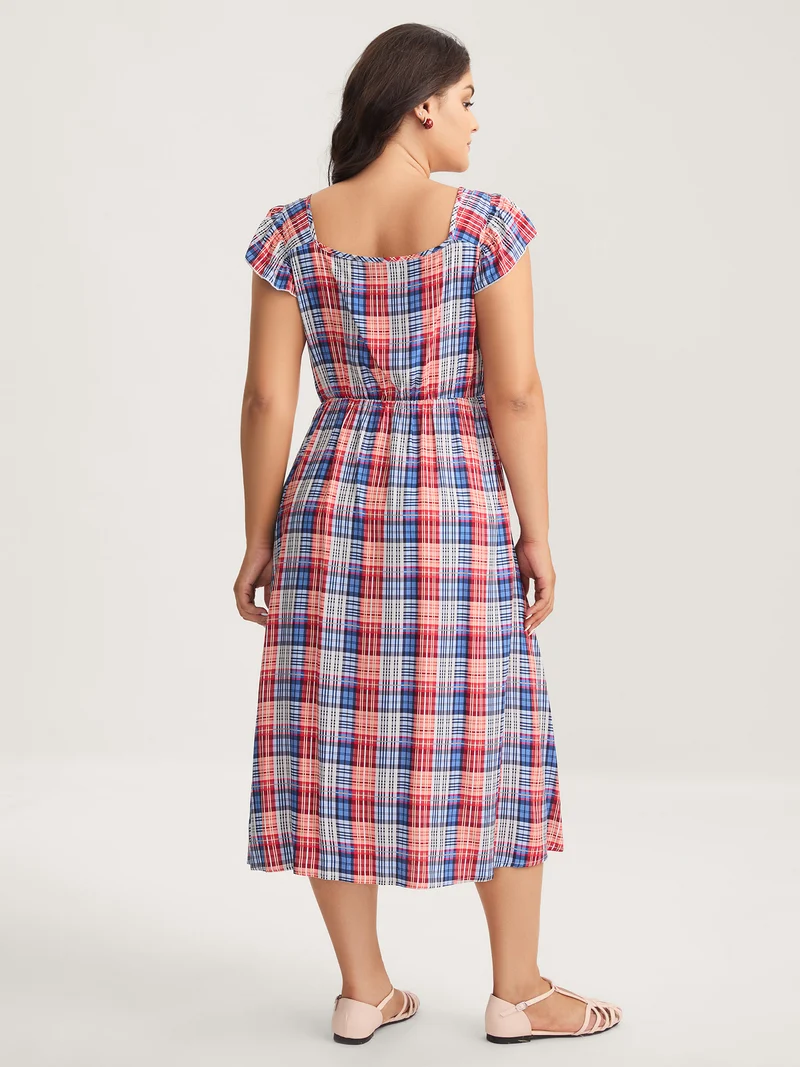 Plaid Print Flutter Sleeve Pockets Midi Dress