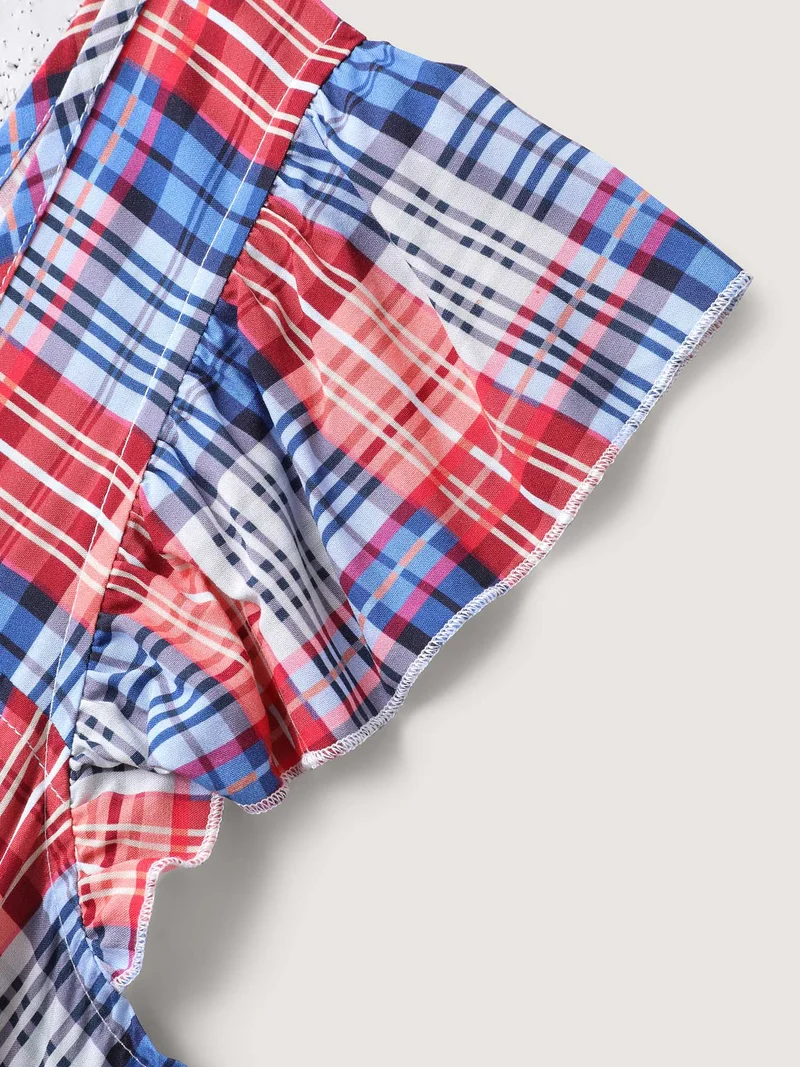 Plaid Print Flutter Sleeve Pockets Midi Dress