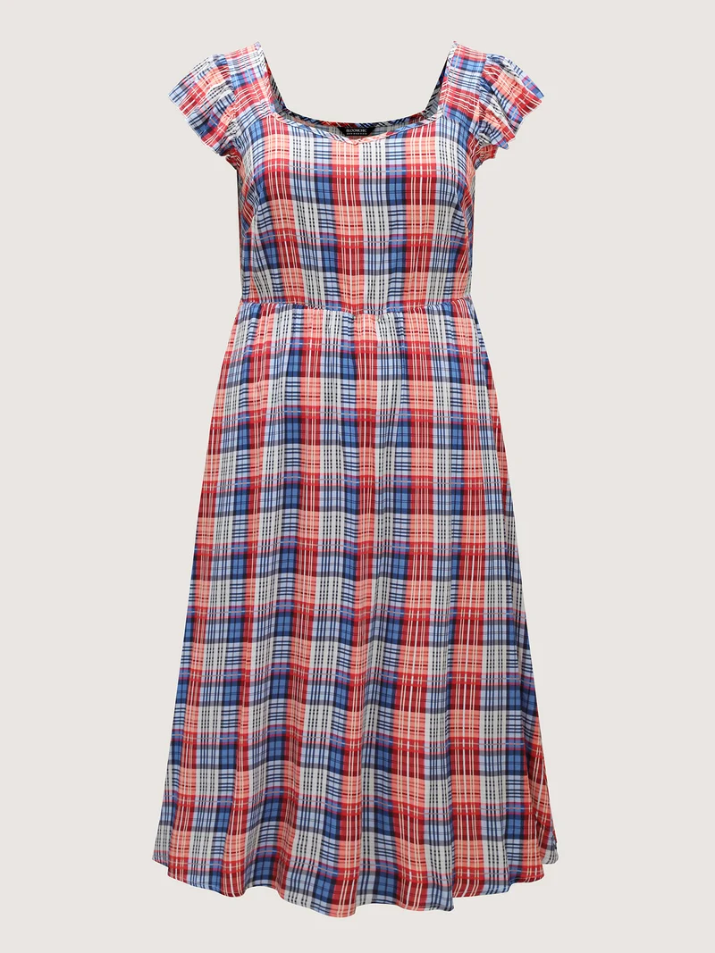 Plaid Print Flutter Sleeve Pockets Midi Dress