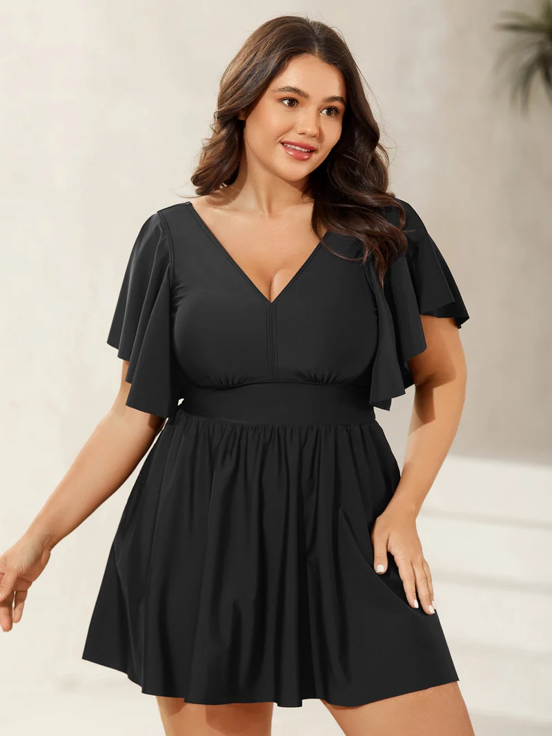 Ruffled Sleeve Fit and Flare Swim Dress