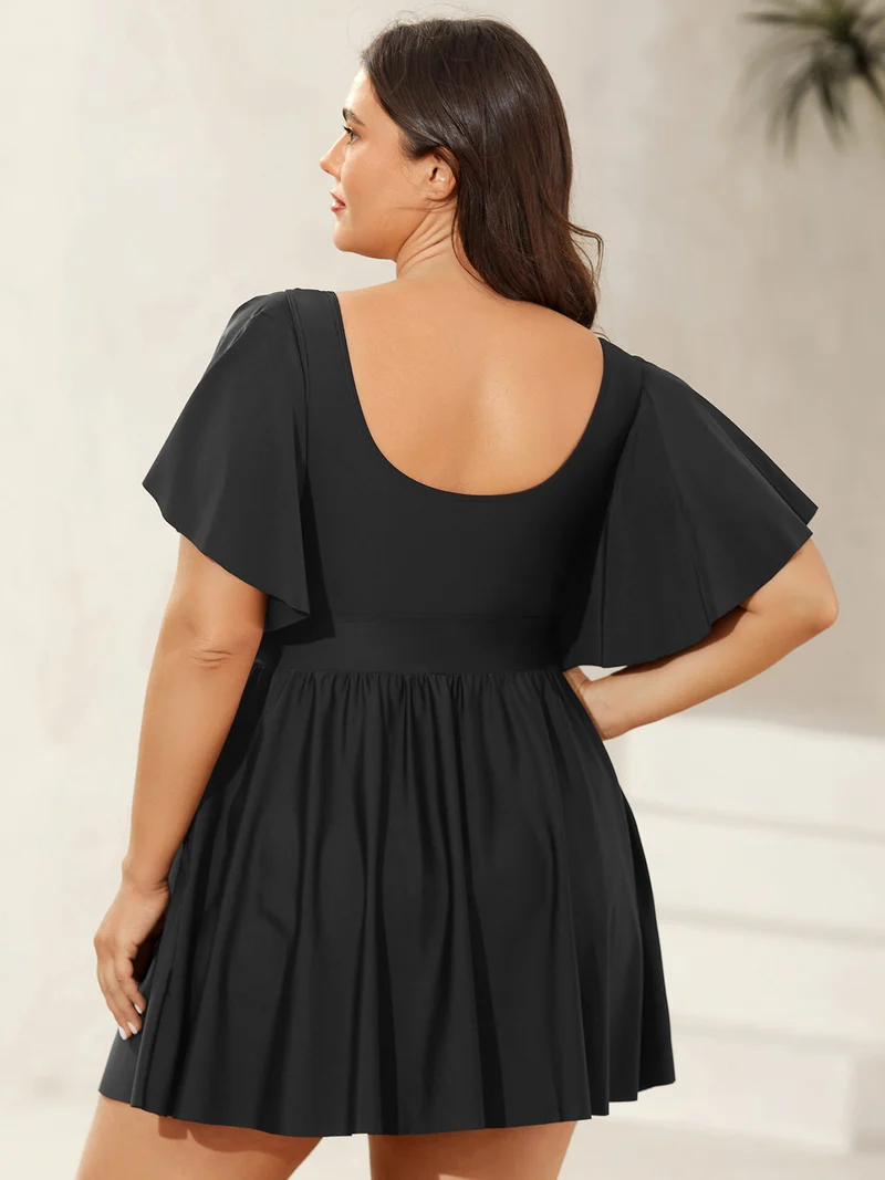 Ruffled Sleeve Fit and Flare Swim Dress