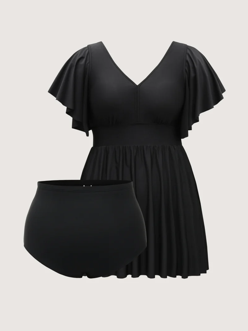 Ruffled Sleeve Fit and Flare Swim Dress