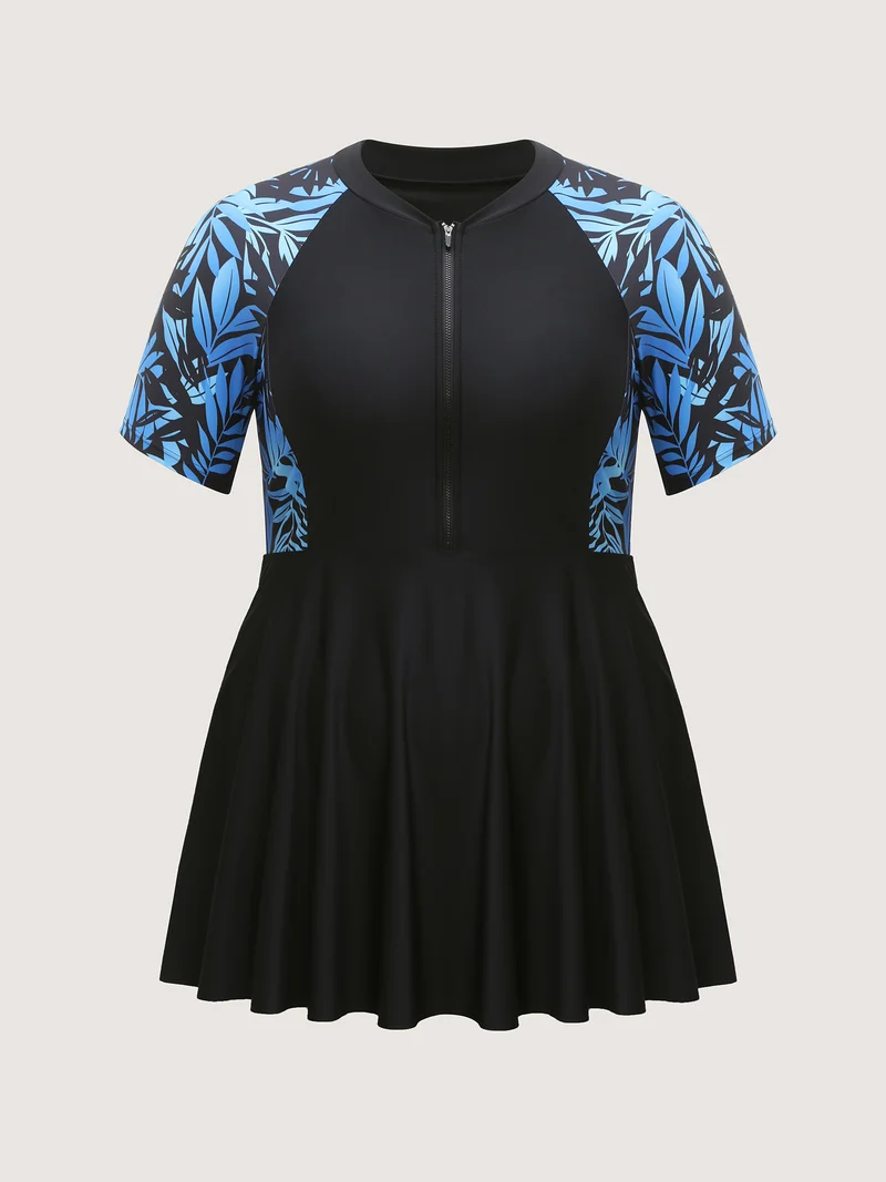 Tropical Print Zipper Spliced Swim Dress
