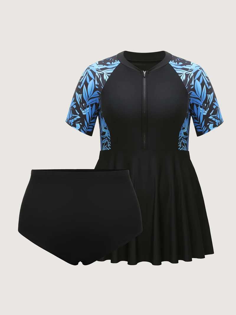 Tropical Print Zipper Spliced Swim Dress