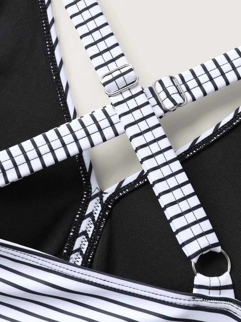 Stripe Color Block Ruched One-Piece Swimsuit
