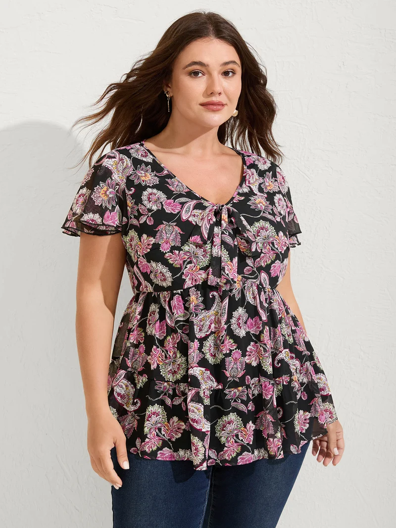 Floral Paisley Print Ribbon Tie Blouse