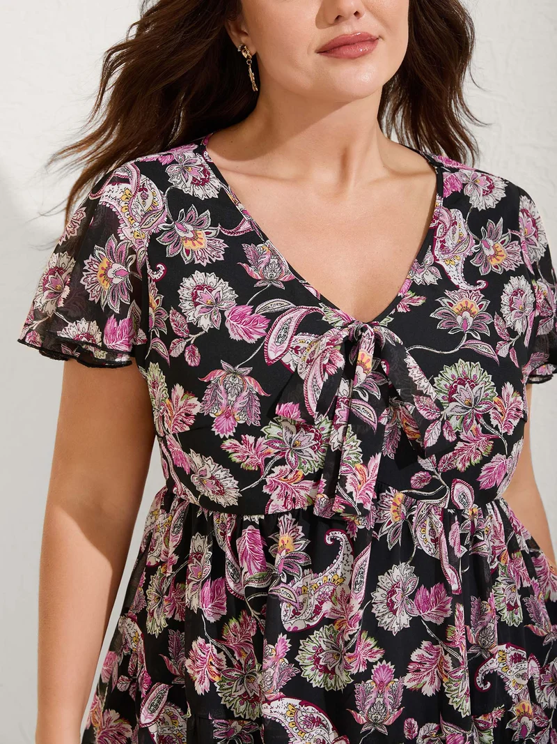 Floral Paisley Print Ribbon Tie Blouse
