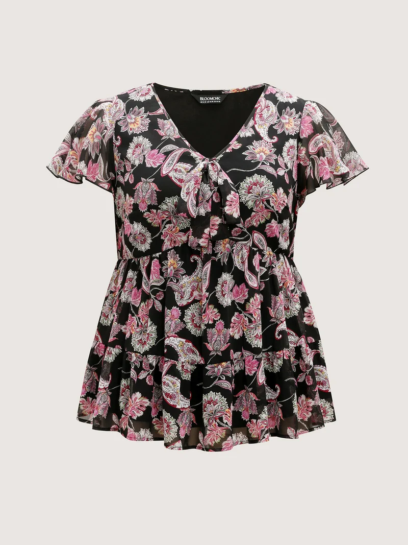 Floral Paisley Print Ribbon Tie Blouse