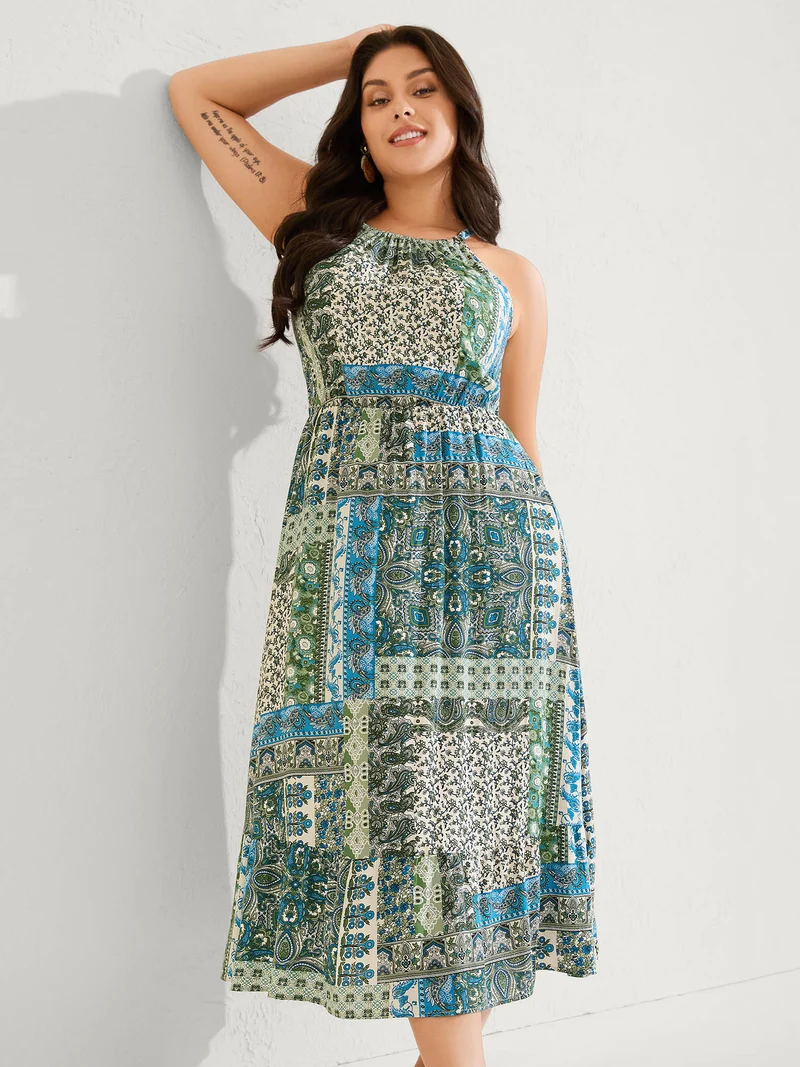 Boho Print Halter Neck Pockets Midi Dress