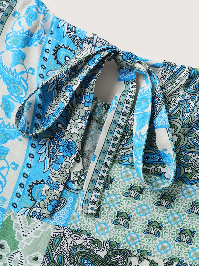 Boho Print Halter Neck Pockets Midi Dress