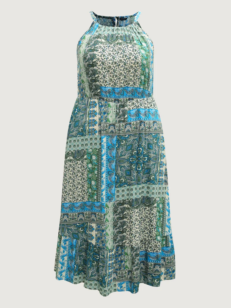 Boho Print Halter Neck Pockets Midi Dress