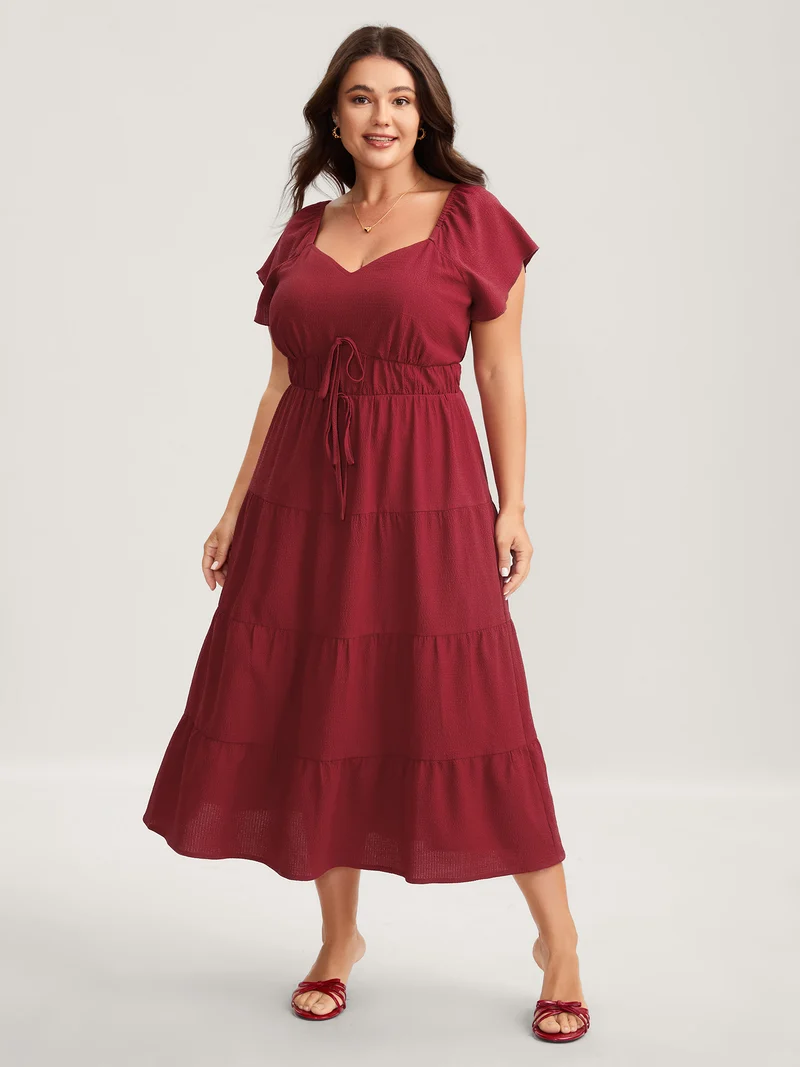 Stretchy Waist Tiered Solid Midi Dress