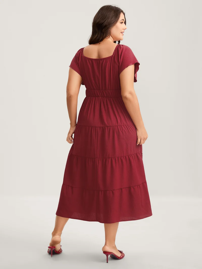 Stretchy Waist Tiered Solid Midi Dress