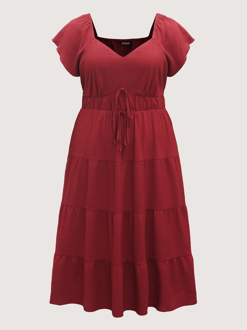 Stretchy Waist Tiered Solid Midi Dress