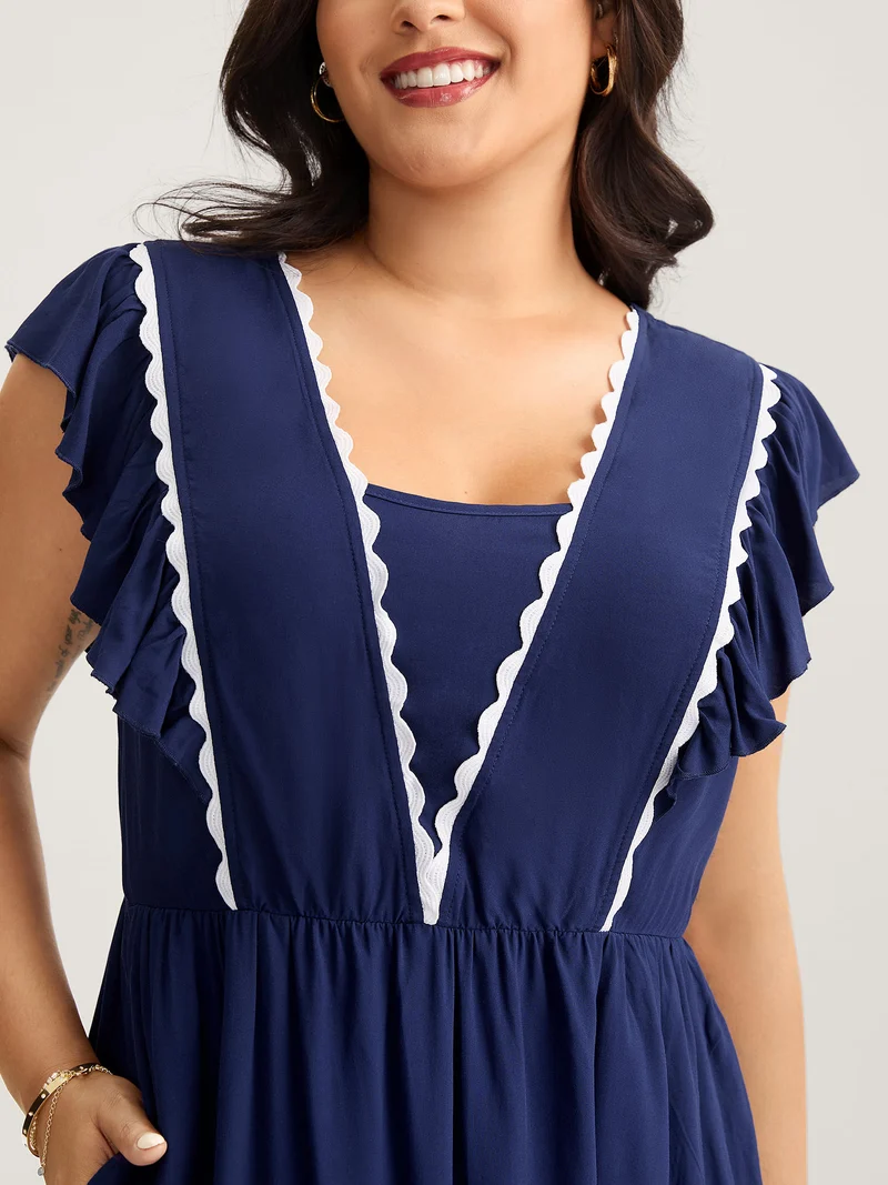 Rayon Collar Ribbon Contrast Pockets Midi Dress
