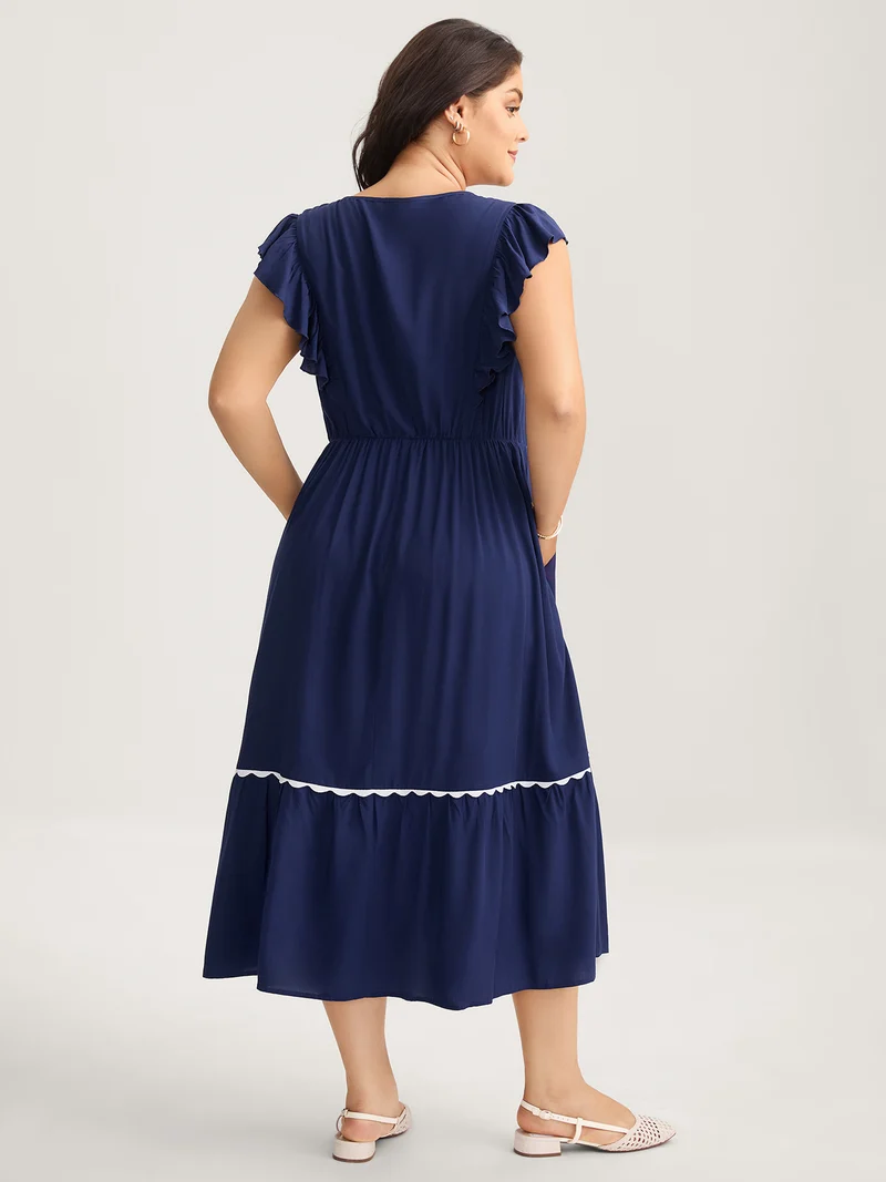 Rayon Collar Ribbon Contrast Pockets Midi Dress