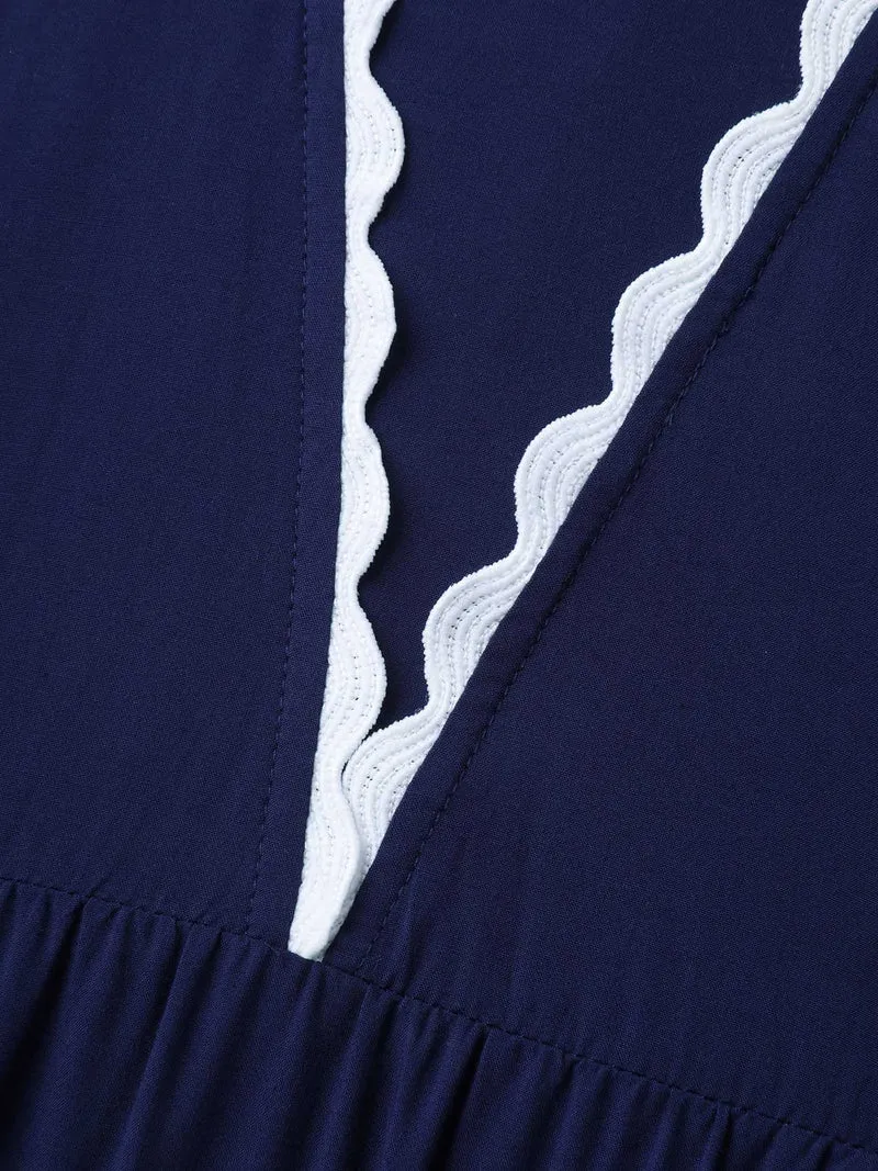 Rayon Collar Ribbon Contrast Pockets Midi Dress