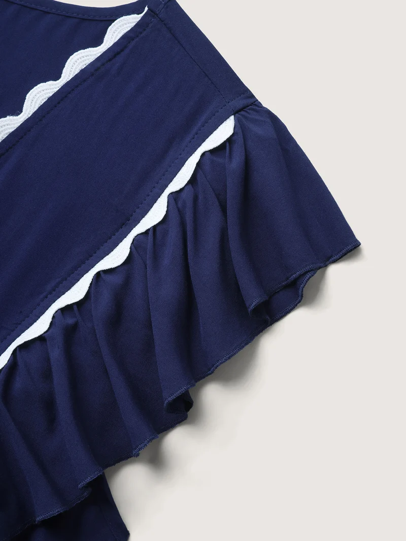 Rayon Collar Ribbon Contrast Pockets Midi Dress