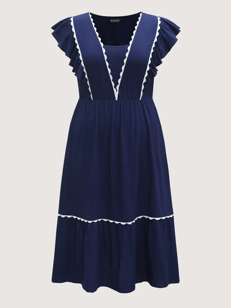 Rayon Collar Ribbon Contrast Pockets Midi Dress