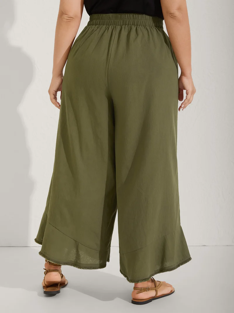 Stretchy Waist Frayed Hem Wide-Leg Pants