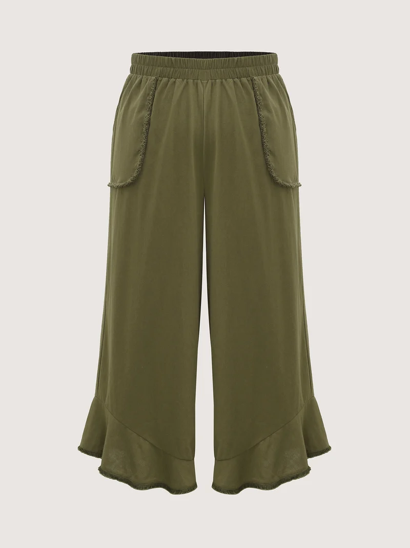 Stretchy Waist Frayed Hem Wide-Leg Pants